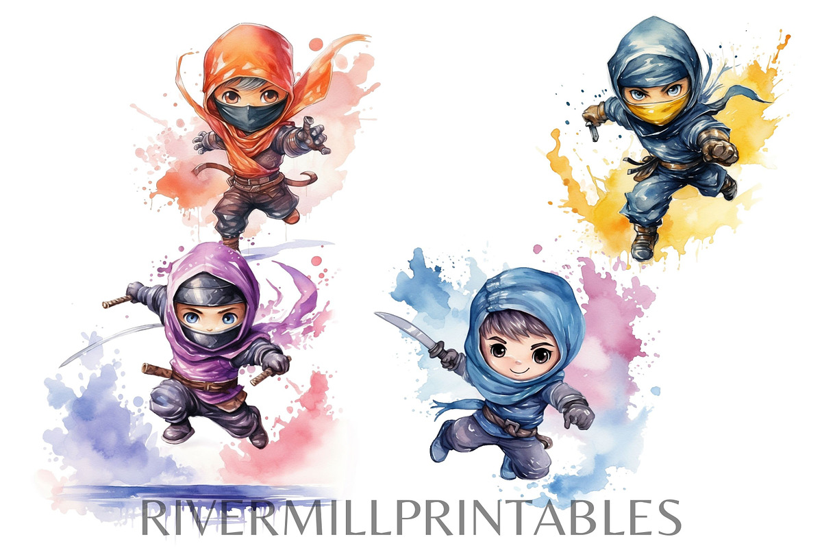 Cute Cartoon Ninja Clipart Pack, a Person Illustration by Rivermill Printables (Photo 5 of 5)