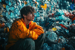 A young man recycling technologist in an orange jacket sits pensively among pil, a Person Photo by Textures & Backgrounds