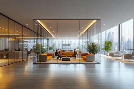 Modern office design featuring a gla, a Background Photo by Pixeness