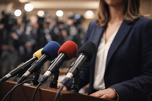 Woman speaker at podium with microph, a Photo by Dvoevnore photos