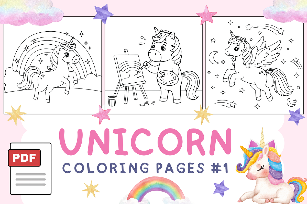 Unicorn Coloring Pages #1, an Animal Illustration by Inkivelle Studio