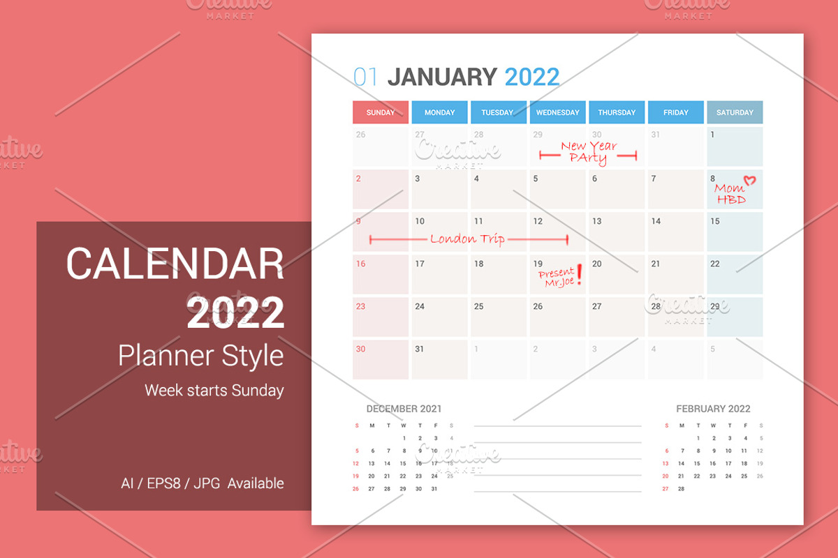 Calendar 2022 Planner Design[Sunday], a Stationery Template by WORAKAMON Design Studio (Photo 2 of 5)