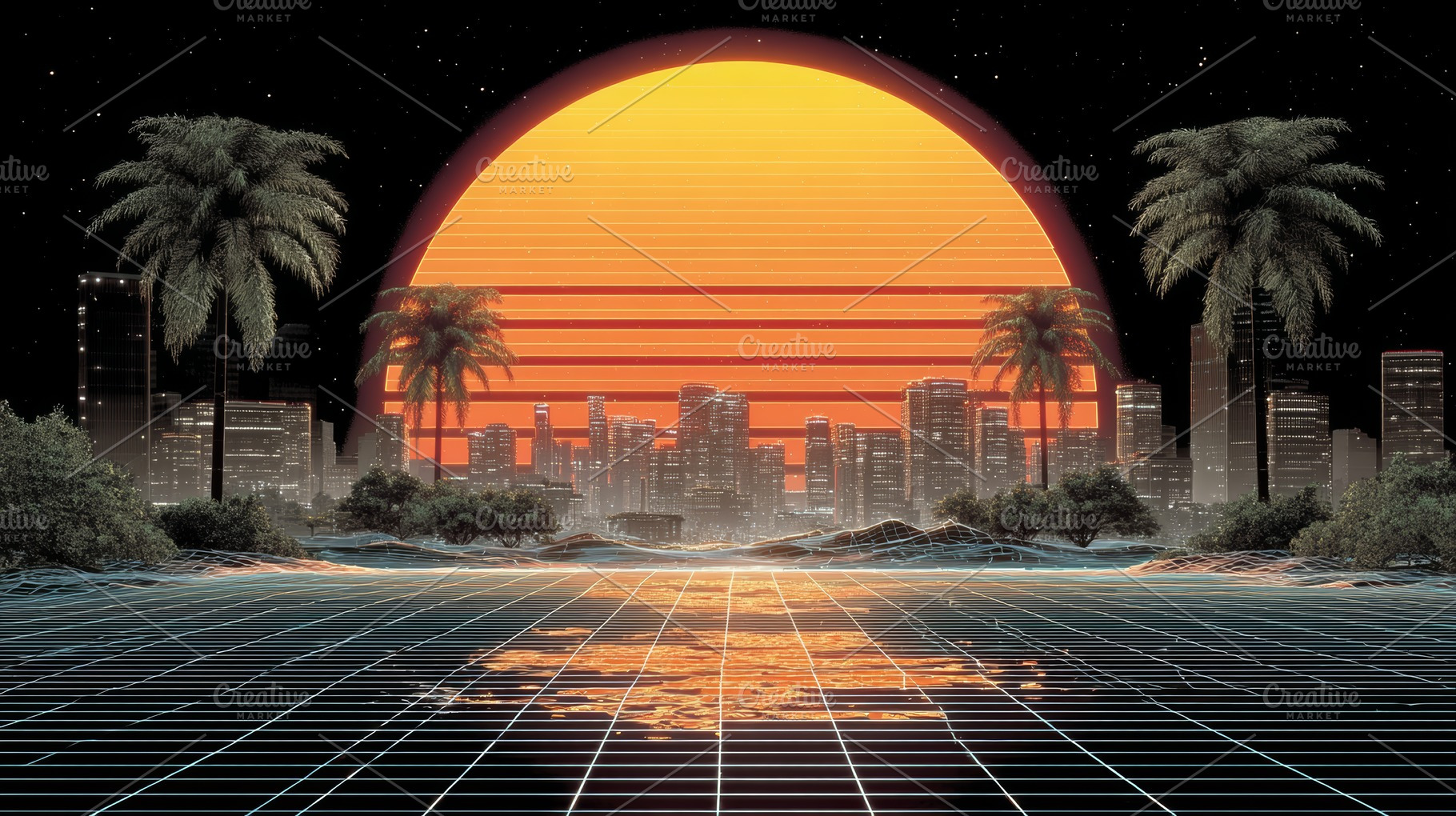 Retro sunset city skyline with neon grid, palm trees and synthwave mood evoking, a Photo by AS photostudio