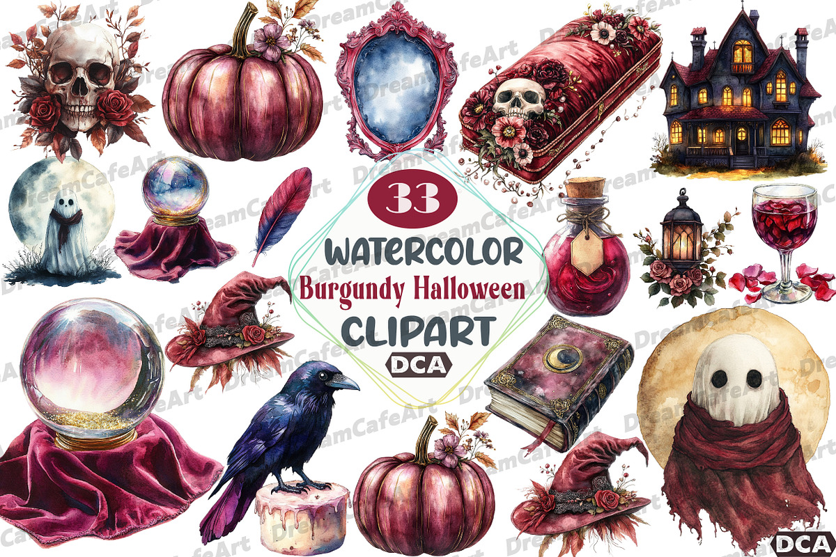 Watercolor Burgundy Halloween Clipar, an Illustration by DreamCafeArt (Photo 1 of 7)
