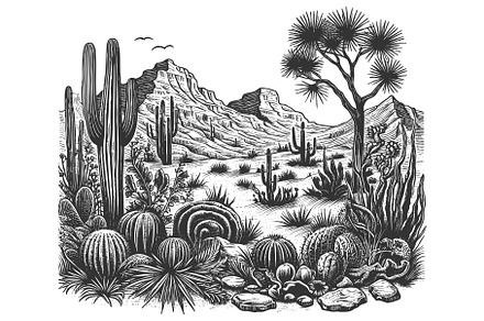 Desert Landscape with Cactus and, an Illustration by AlexArt