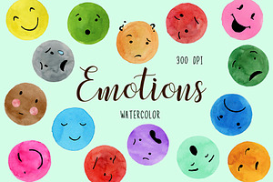 Watercolor Emotions Clipart, Emojis