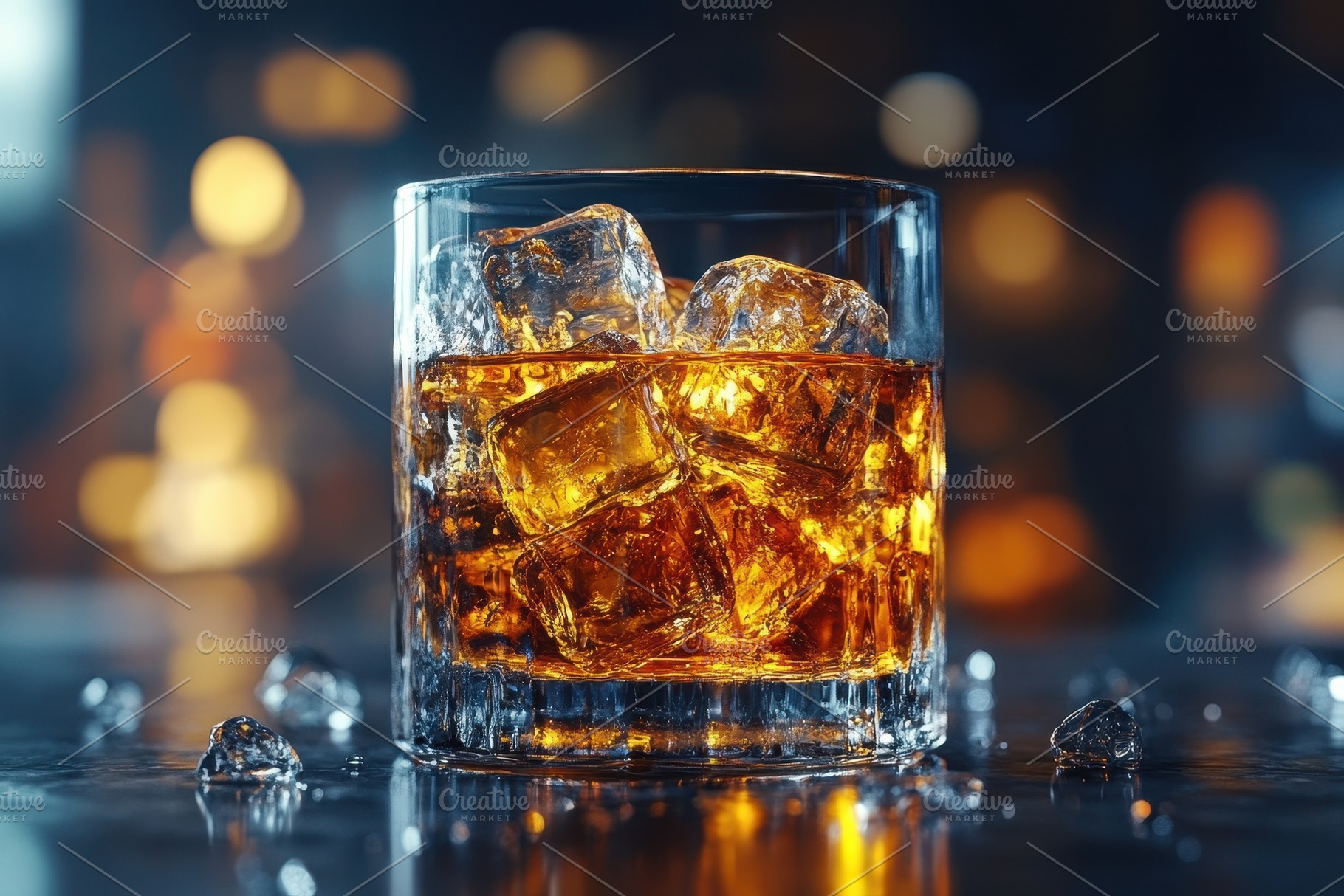 Bourbon whiskey served on the rocks, a Photo by Tanuart