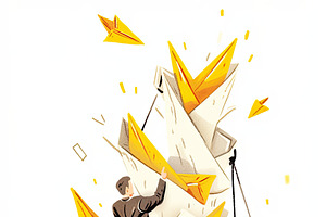 Teamwork concept with businesspeople aboard a paper ship in creative illustrati, an Illustration by AS photostudio