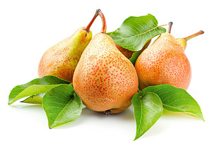 Red pears with green leafs on white background, a Food & Drink Photo by AlyaAnd