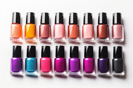 Bottles of colorful nail polish on white background, a Beauty & Fashion Photo by AlyaAnd