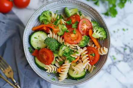 A vibrant pasta salad featuring fusi, a Photo by Tanuart