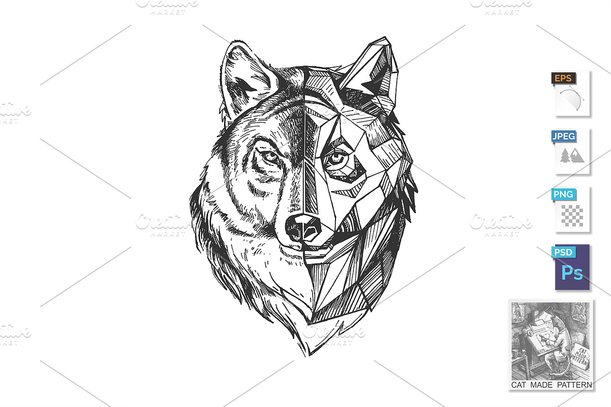 Wolf head with geometric symbol, an Illustration by CatMadePattern