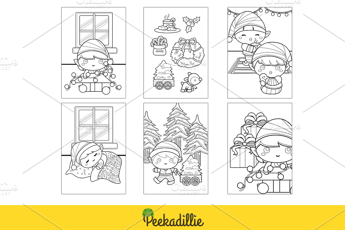 Cute Christmas Elf Coloring Set, a Decorative Illustration by Peekadillie Art (Photo 3 of 3)
