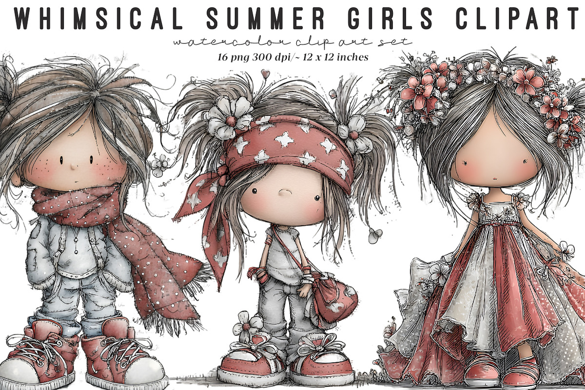 Whimsical Summer Girls Clipart, an Illustration by SinaCreation (Photo 1 of 9)