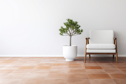 Modern white armchair with wooden legs and potted green pine tre, an Architecture Photo by Studio Light & Shade