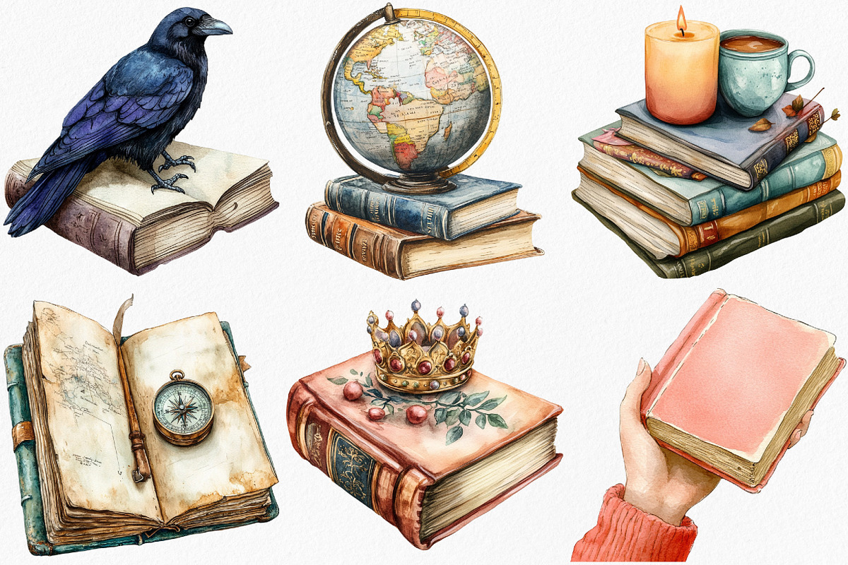 Watercolor Book Lover Clipart Bundle, an Illustration by Canvas Craft (Photo 4 of 9)