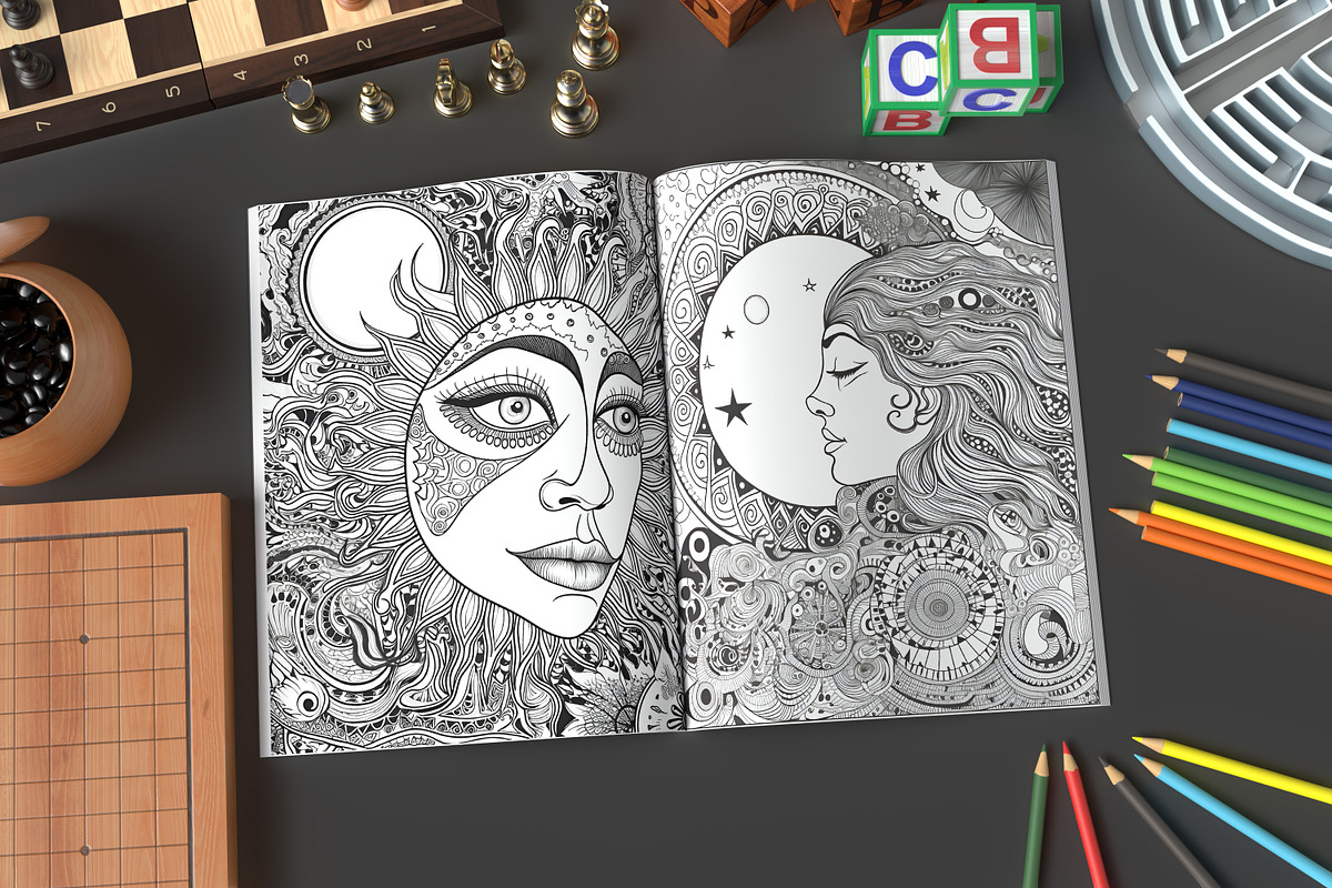 Coloring Page Psychedelic Sun & Moon, a Decorative Illustration by MuzaArtStudio (Photo 3 of 4)