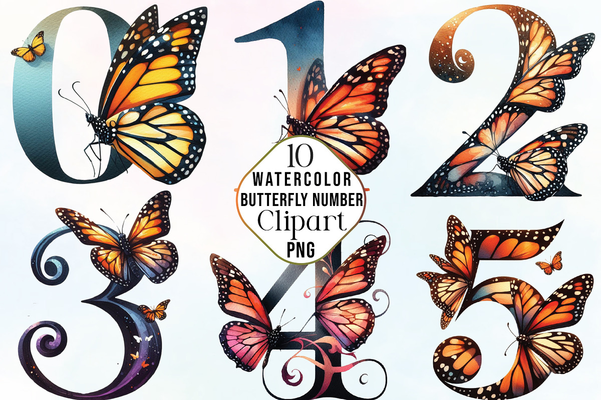 Watercolor Butterfly Number Clipart, an Illustration by CraftArtStudio (Photo 1 of 5)