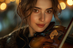 A young Caucasian woman playing the violin against a backdrop of warm, glowing, a Person Photo by ImageMir