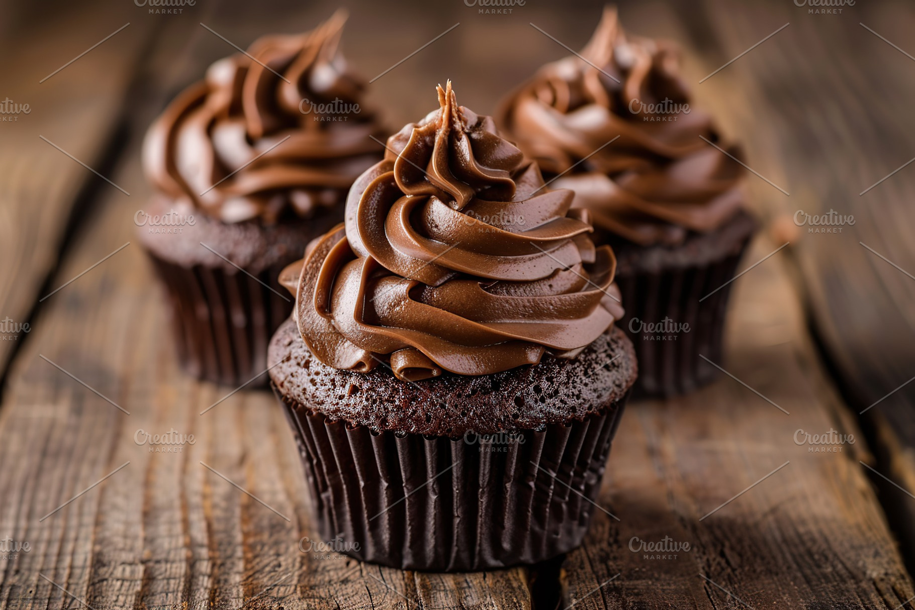 Chocolate cupcakes with whipped cream on wooden table, a Food & Drink Photo by AlyaAnd