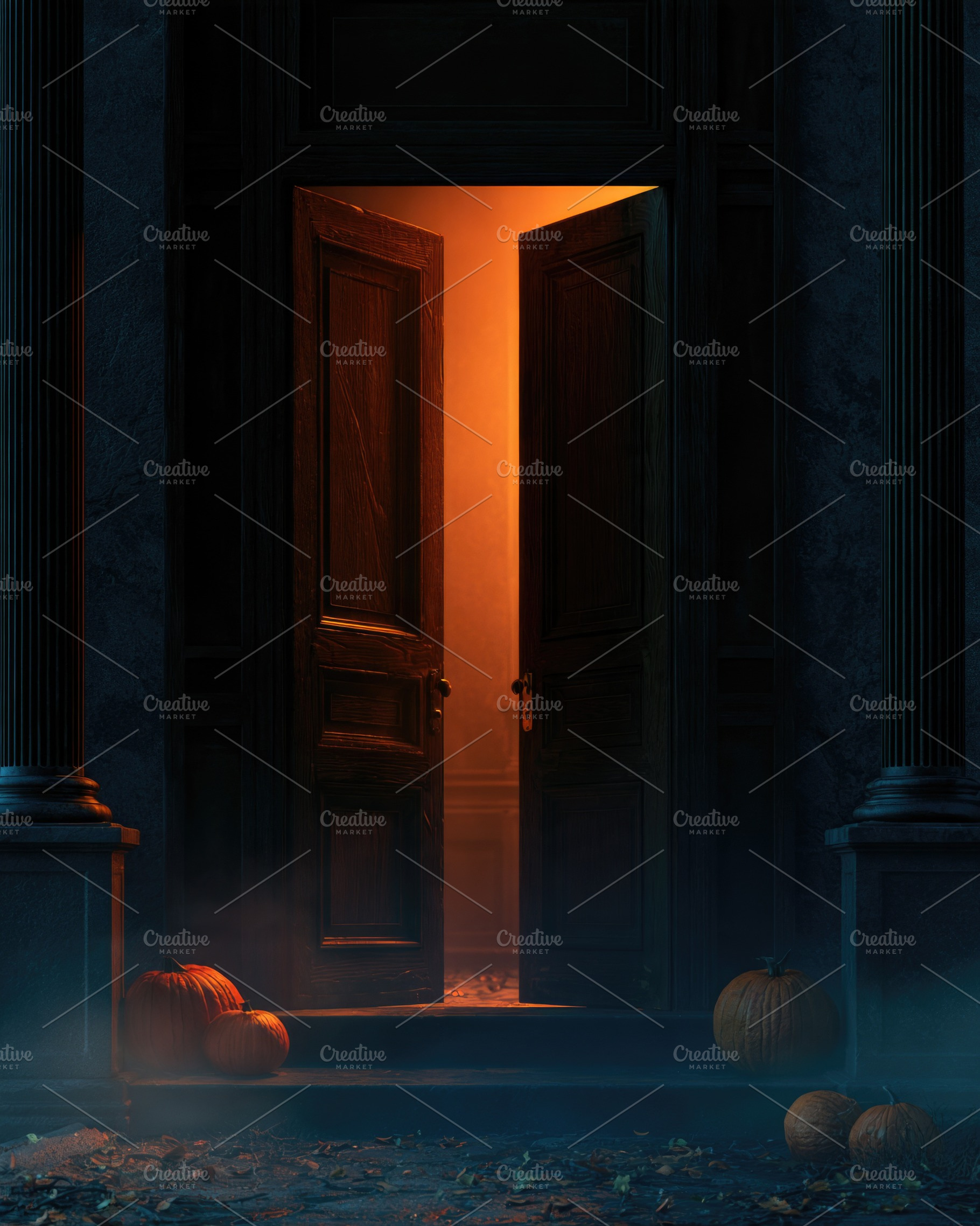 Haunted doorway with glowing orange light for Halloween, a Person Photo by José Manuel Gelpi