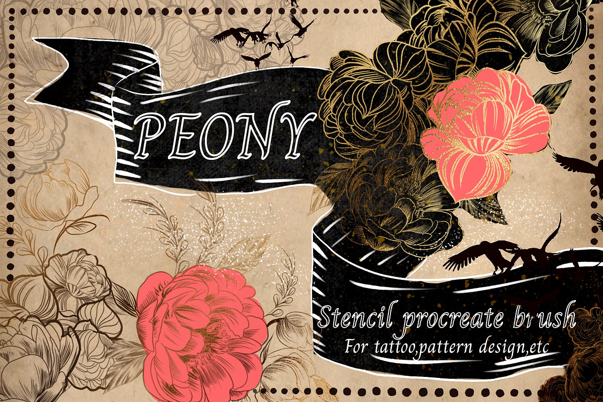Peony tattoo collage procreate brush, a Brush Add-On by Meisanmui (Photo 1 of 3)