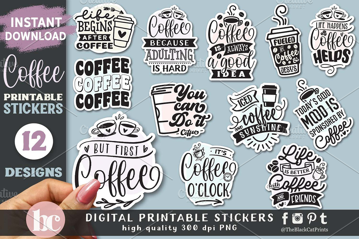 Funny Coffee Lover Stickers PNG, a Food Illustration by TheBlackCatPrints (Photo 1 of 3)