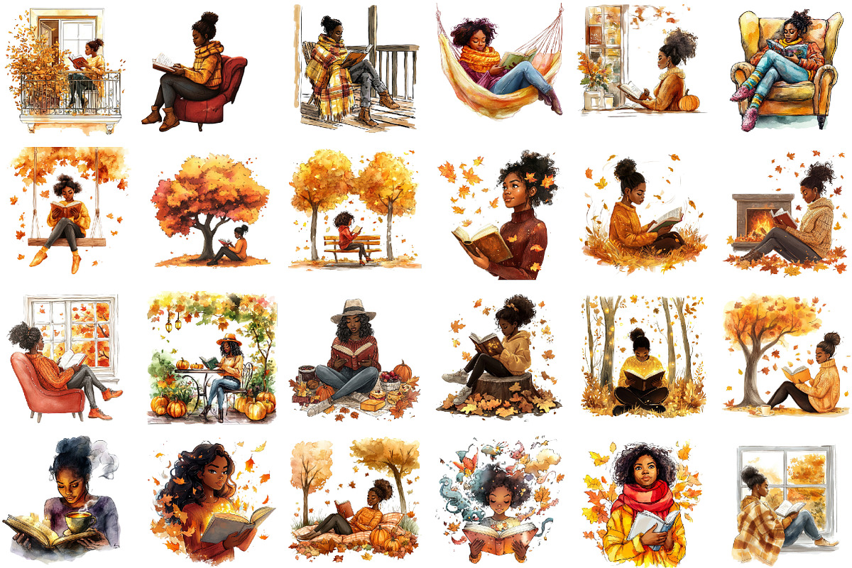 Autumn Black Woman Reading Clip Art, an Illustration by Sublimation Artist (Photo 2 of 6)