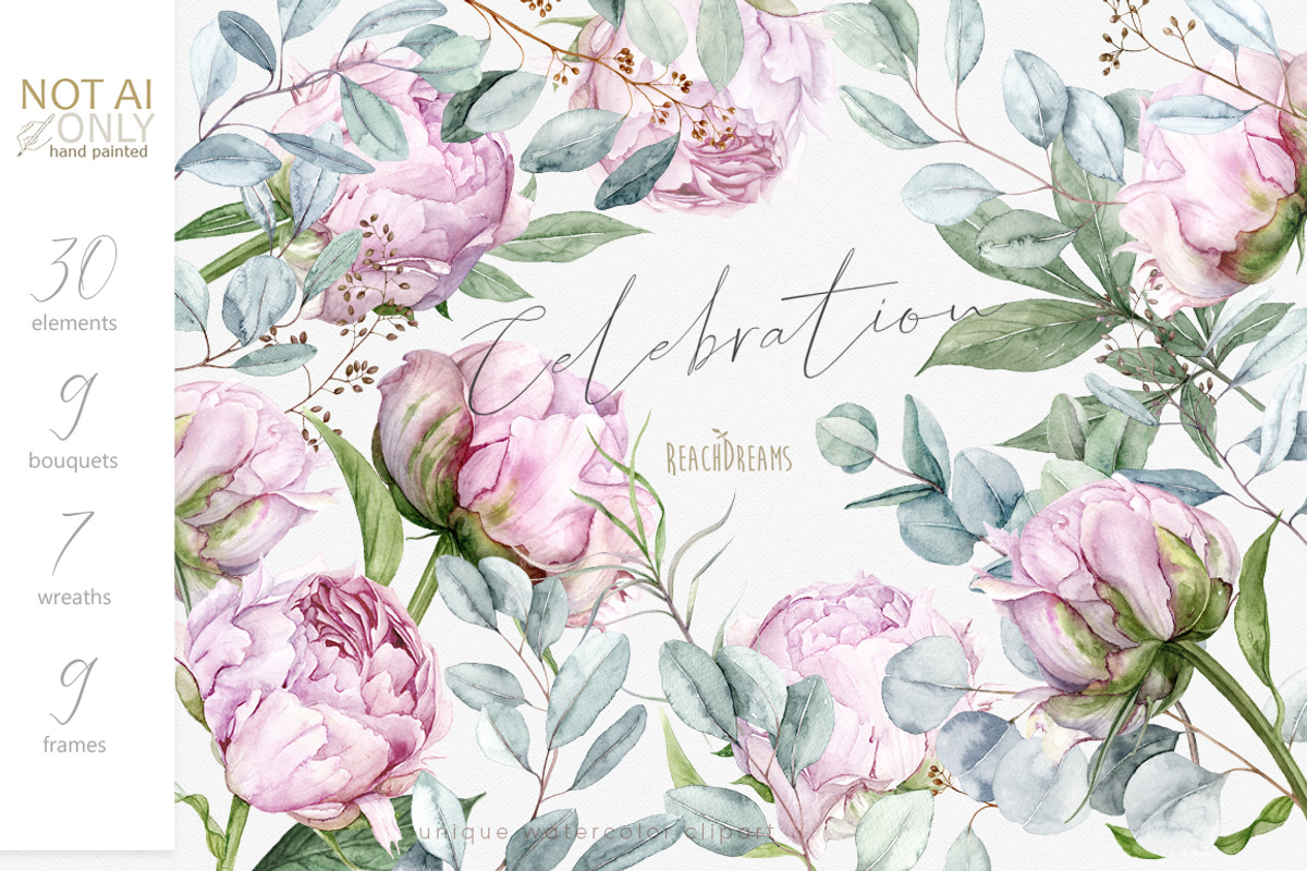 Pink Peonies and Eucalyptus clipart, a Decorative Illustration by ReachDreams (Photo 1 of 10)