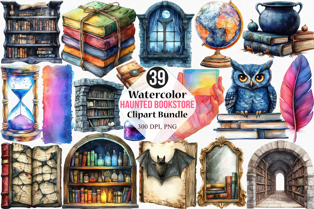 Watercolor Haunted Bookstore Clipart, an Illustration by Canvas Craft (Photo 1 of 7)