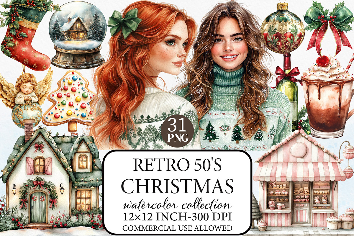 Retro 50's Christmas Clipart, an Illustration by Libby Wishes (Photo 1 of 7)