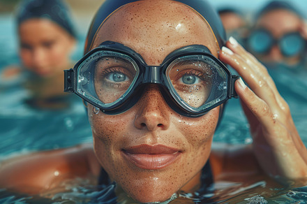 Mature Woman Preparing for a Swim in the Ocean, Wearing Goggles and Swim Cap, a Photo by AS photostudio