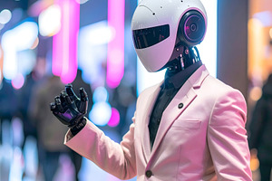 Robot in elegant business suit making formal hand gesture, a Technology Photo by GoodGoods