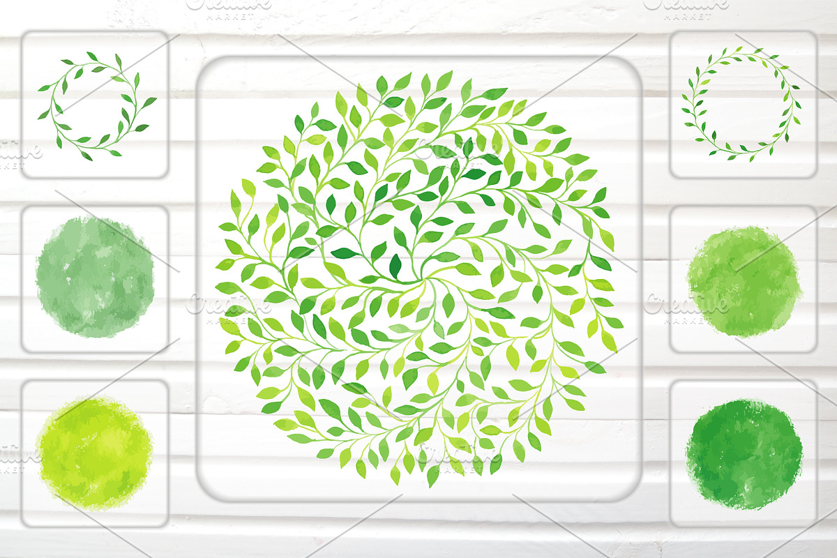 Green Watercolor Vector Big Set, a Decorative Illustration by Happiestsim (Photo 3 of 3)