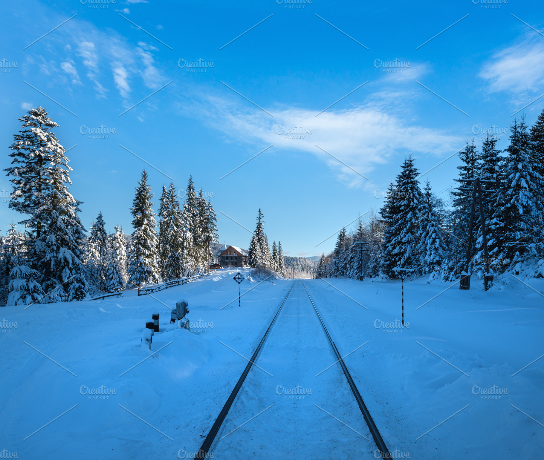 Railway through snowy fir forest and remote alpine helmet in Car, a Nature Photo by YuriyB