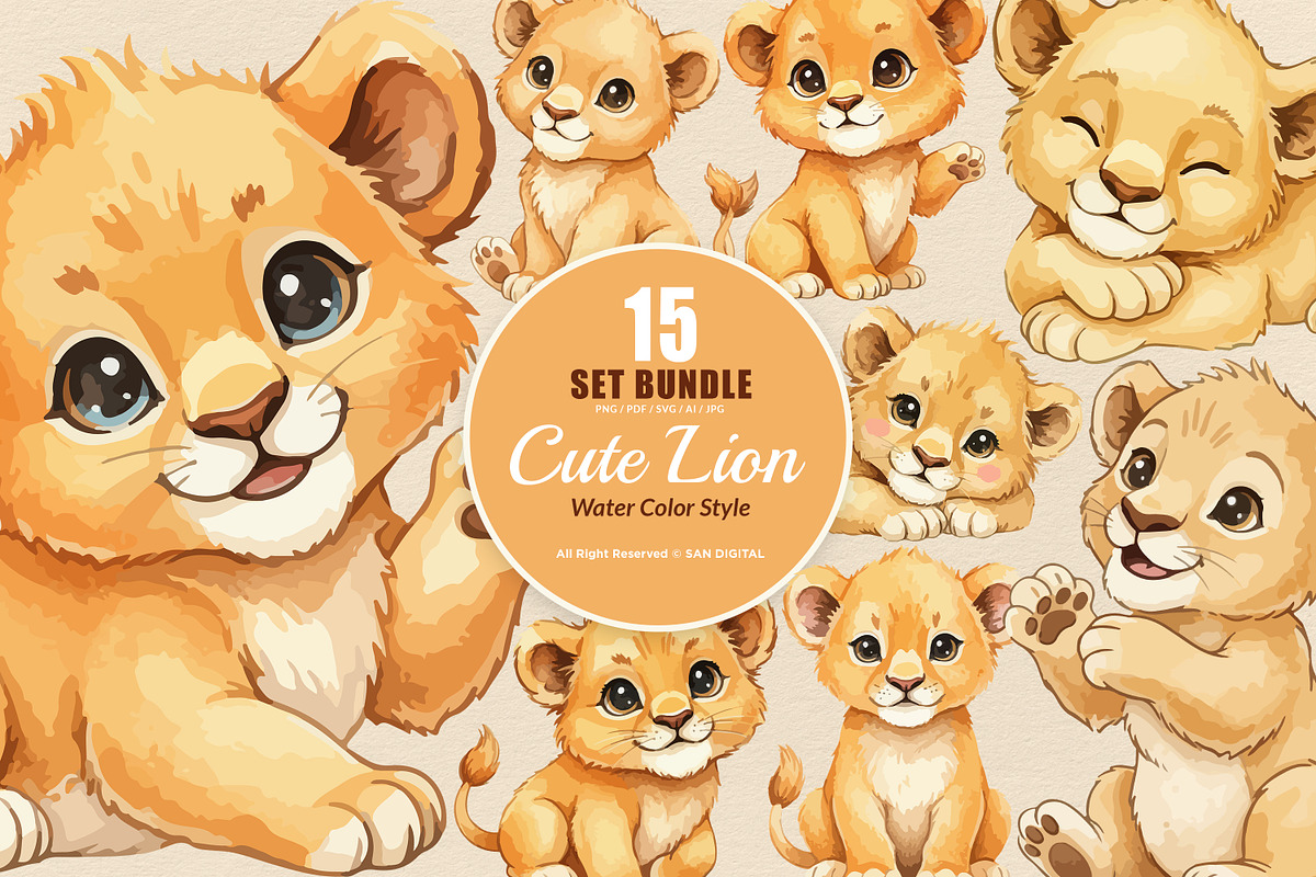 15 Bundle Watercolor Cute Lion Wild, an Animal Illustration by Morspective (Photo 1 of 8)