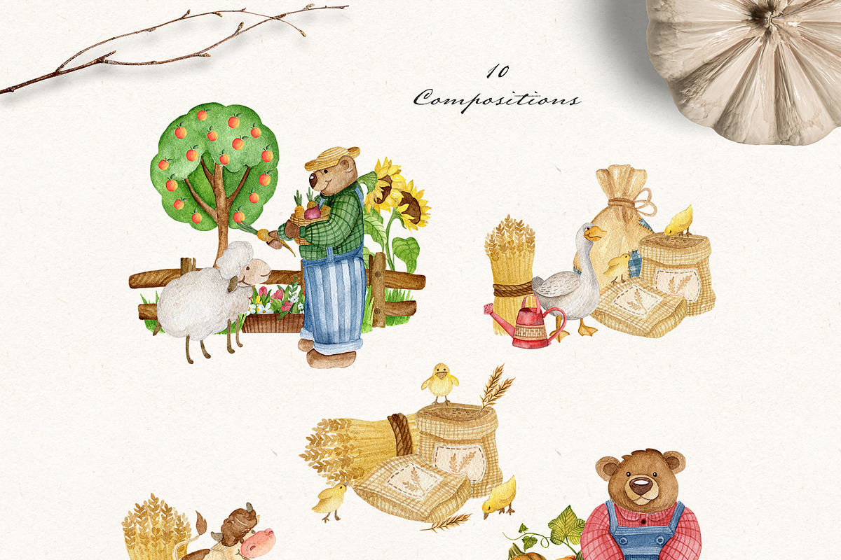 Cute Farm. Watercolor animals, an Object Graphic by JuliaBadeeva (Photo 2 of 8)