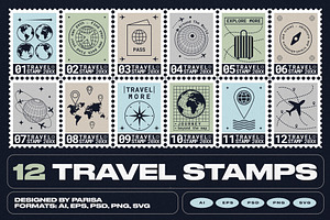 12 Travel Stamps, an Object Graphic by Parisa-Artstudio