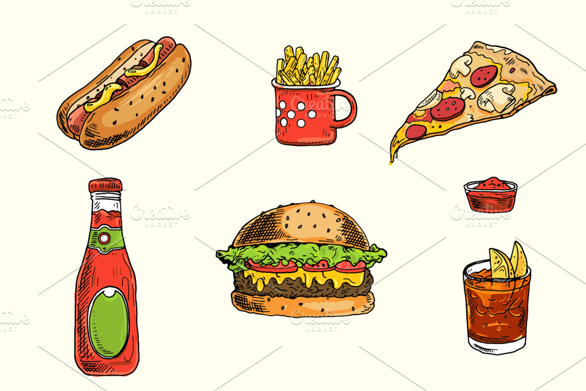 Colored hand drawn fast food, a Background Graphic by ANNO Graphics