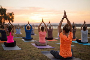 Morning yoga session in a peaceful open field at sunrise with multiple particip, a Sports & Recreation Photo by AlyaAnd