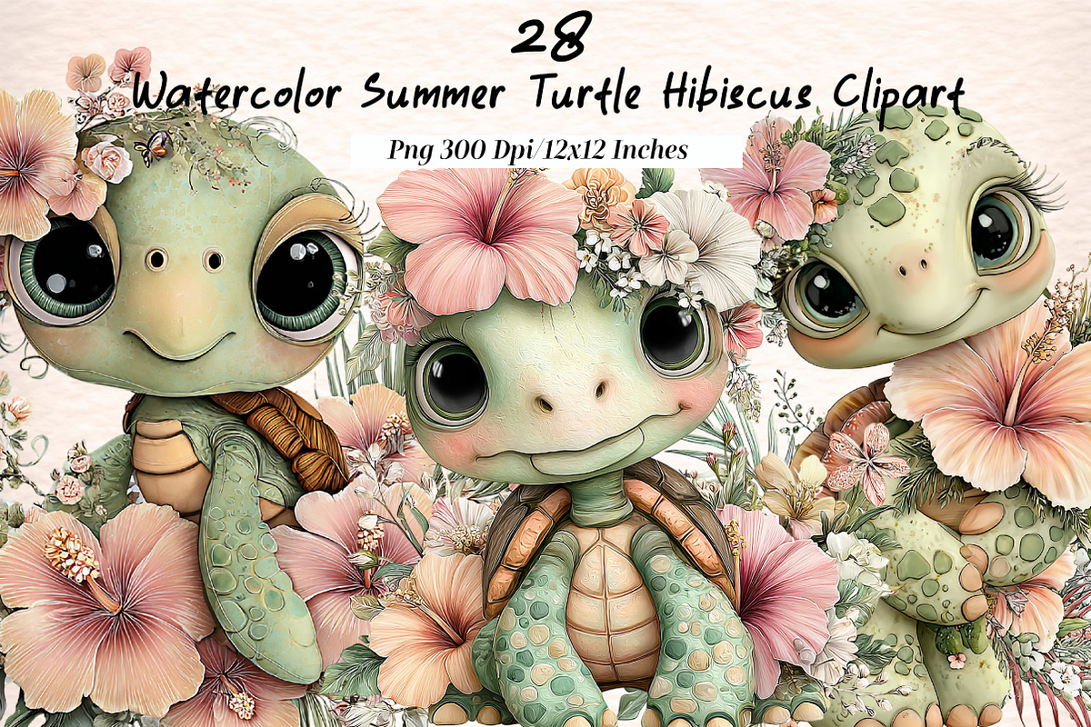 Watercolor Summer Turtle Hibiscus Cl, an Illustration by Digital Artistic99 (Photo 1 of 11)