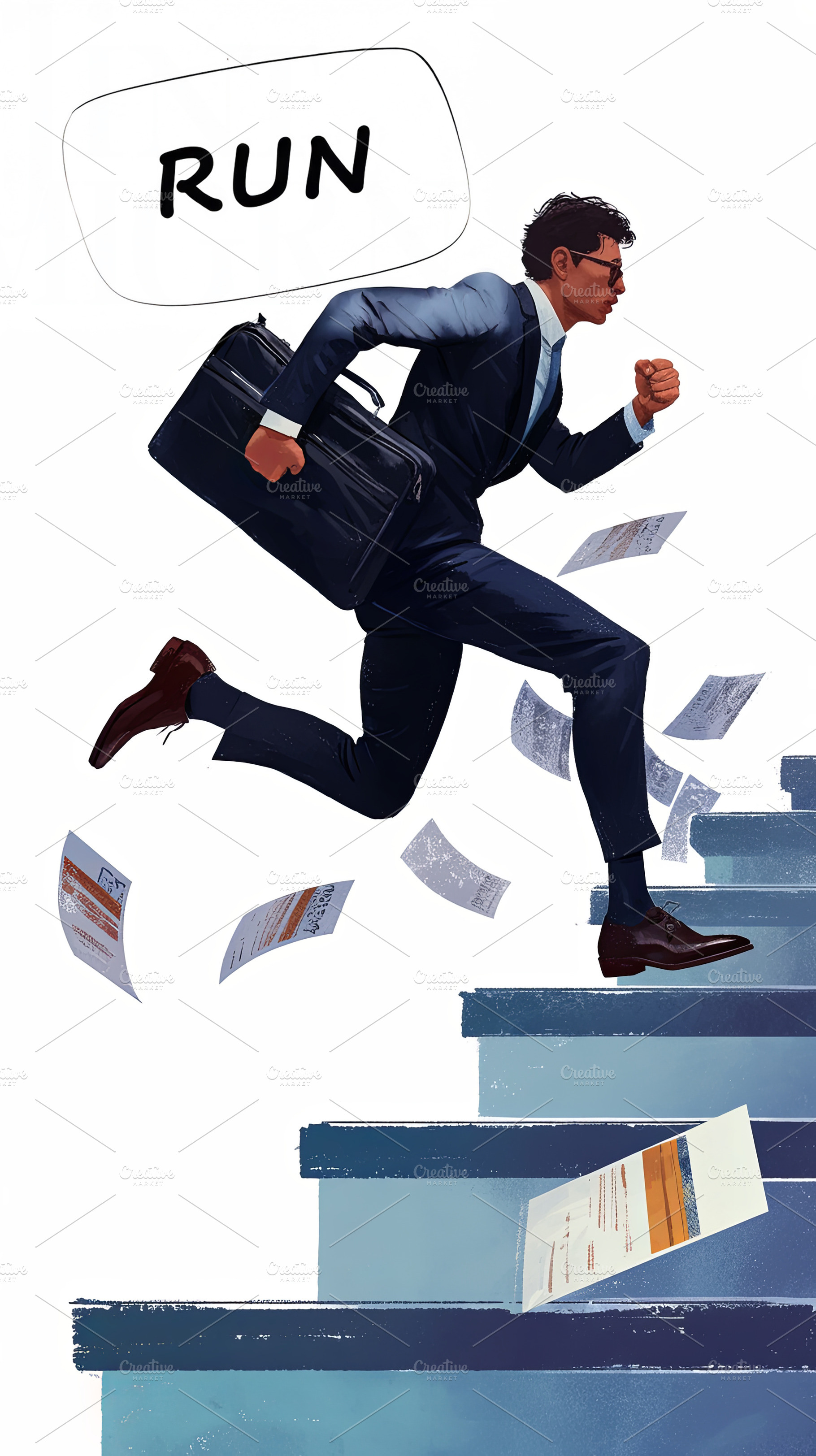 Businessman rushing downstairs with documents in urgency and determination, a Photo by AS photostudio