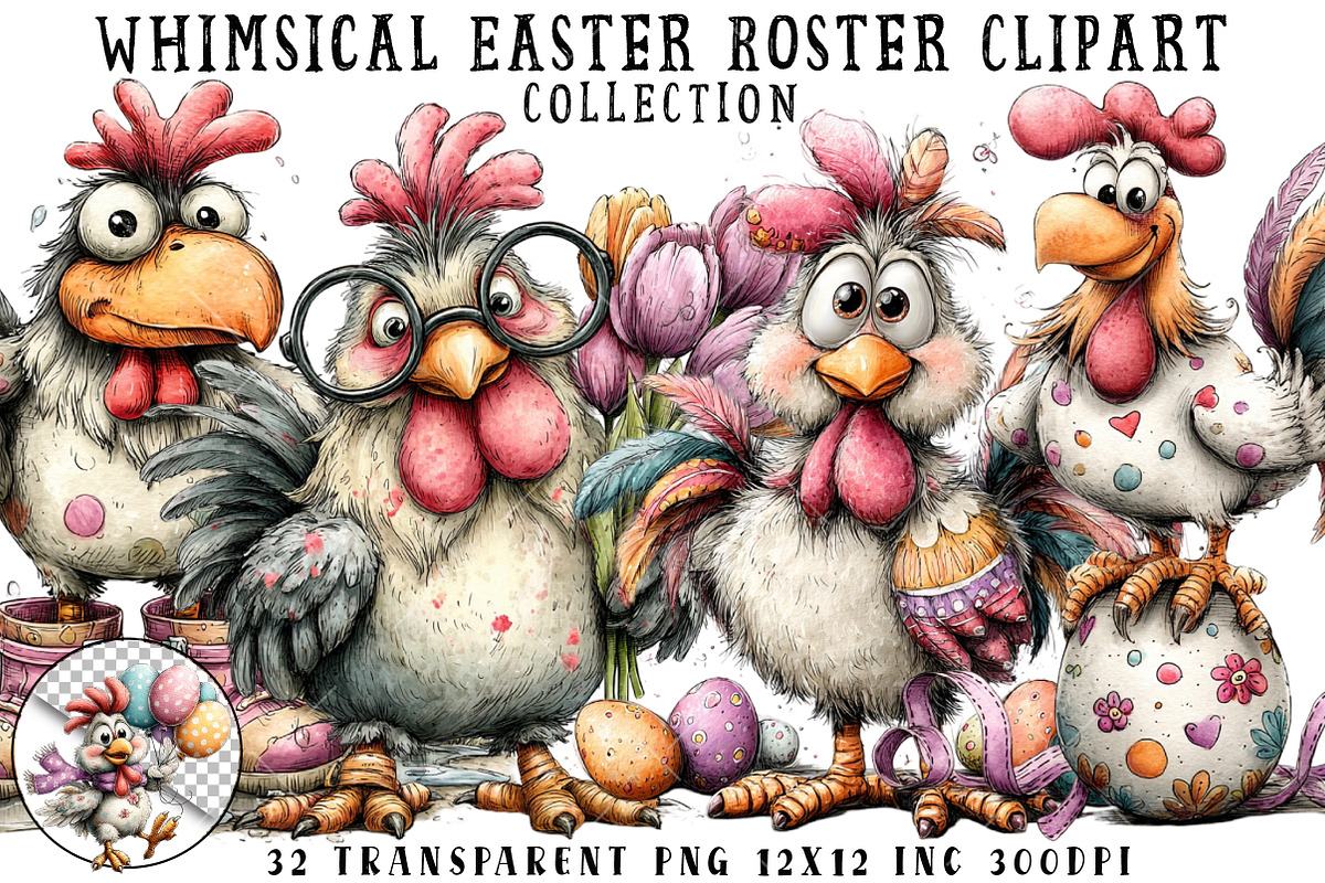 Whimsical Easter Roster Clipart, an Illustration by OK Design (Photo 1 of 6)