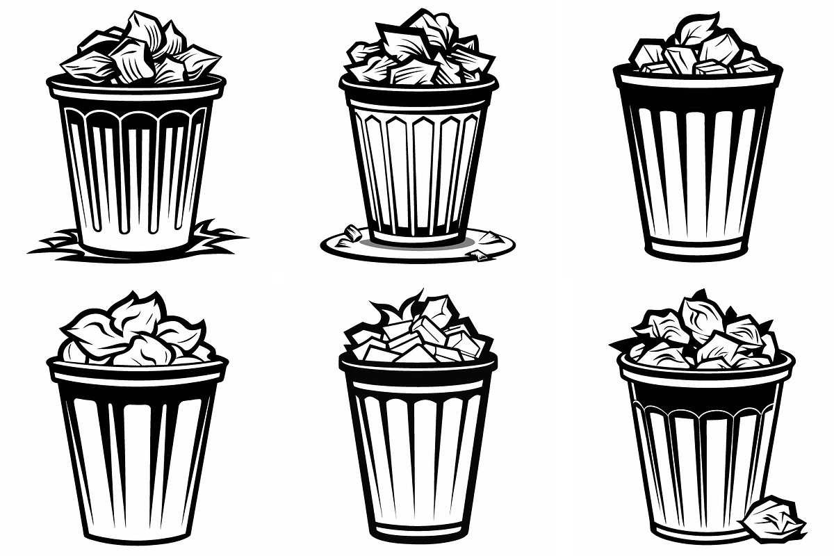 Trash Cans Black and White vector, an Object Graphic by Billah Hub
