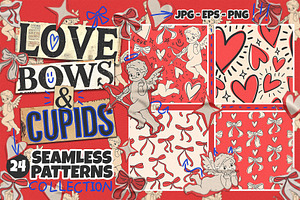 Bows and Cupids Seamless Pattern Set
