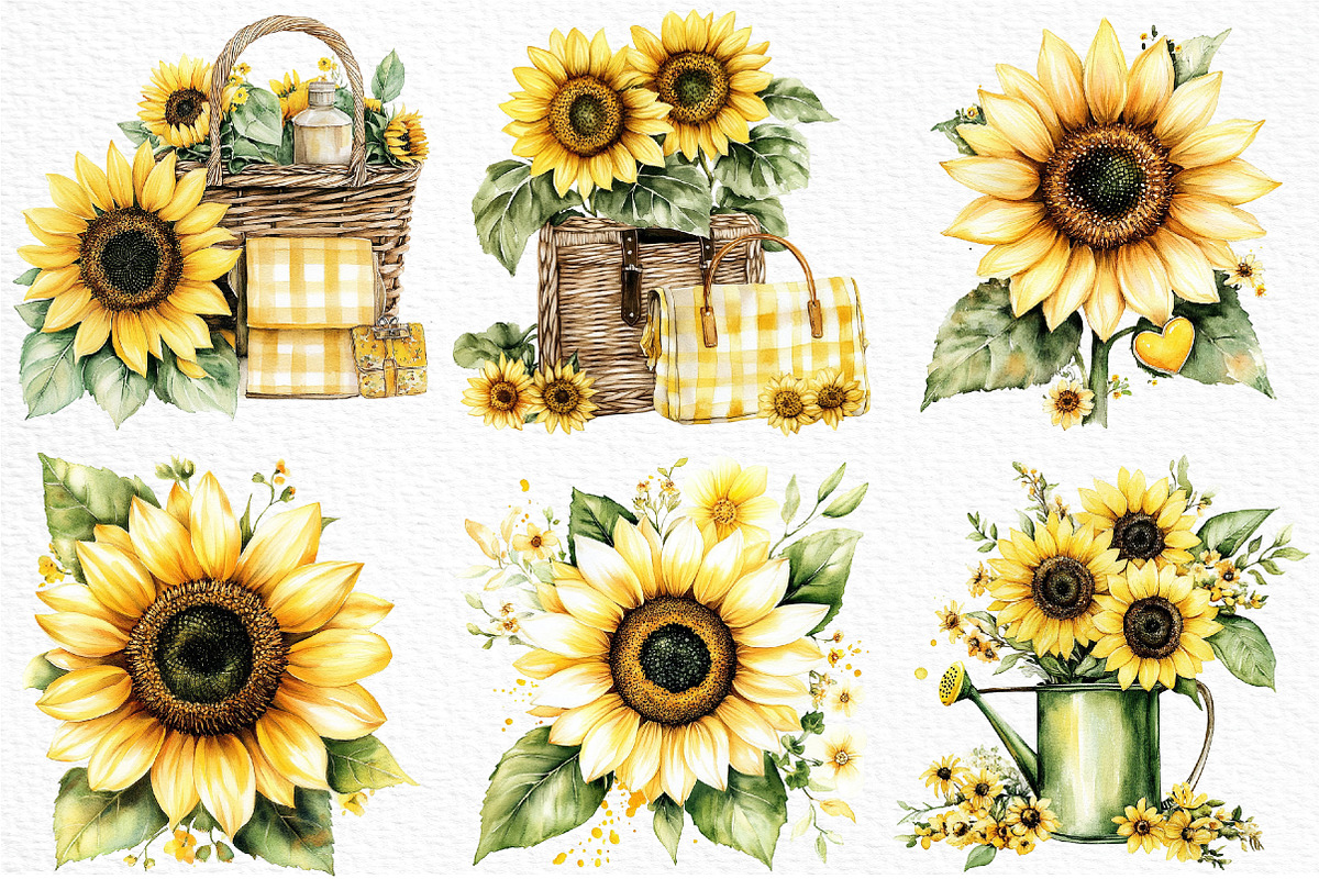 Watercolor Sunflower Summer Clipart, an Illustration by Craft Nest (Photo 4 of 12)