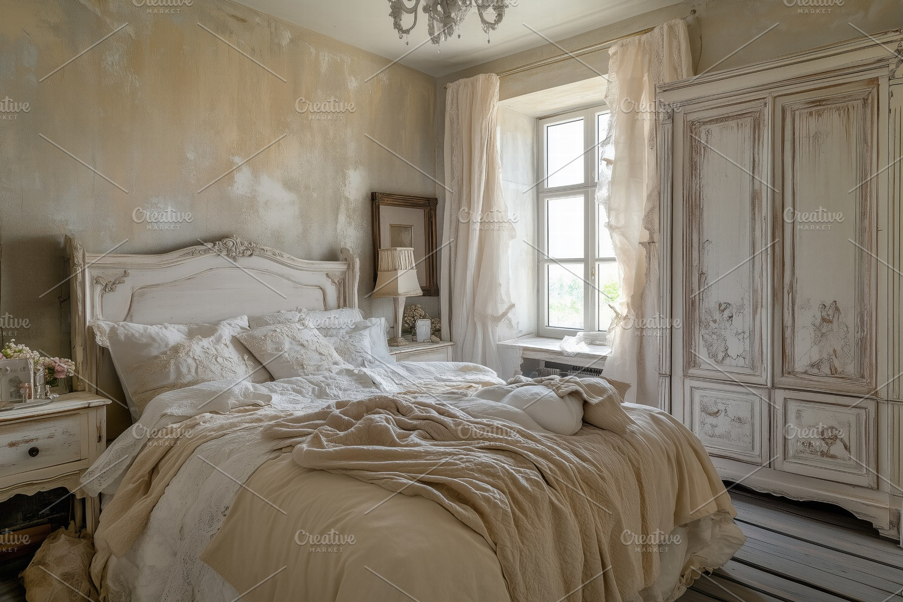 A cozy Shabby Chic interior design style bedroom featuring a vintage-style bed, an Arts & Entertainment Photo by Textures & Backgrounds