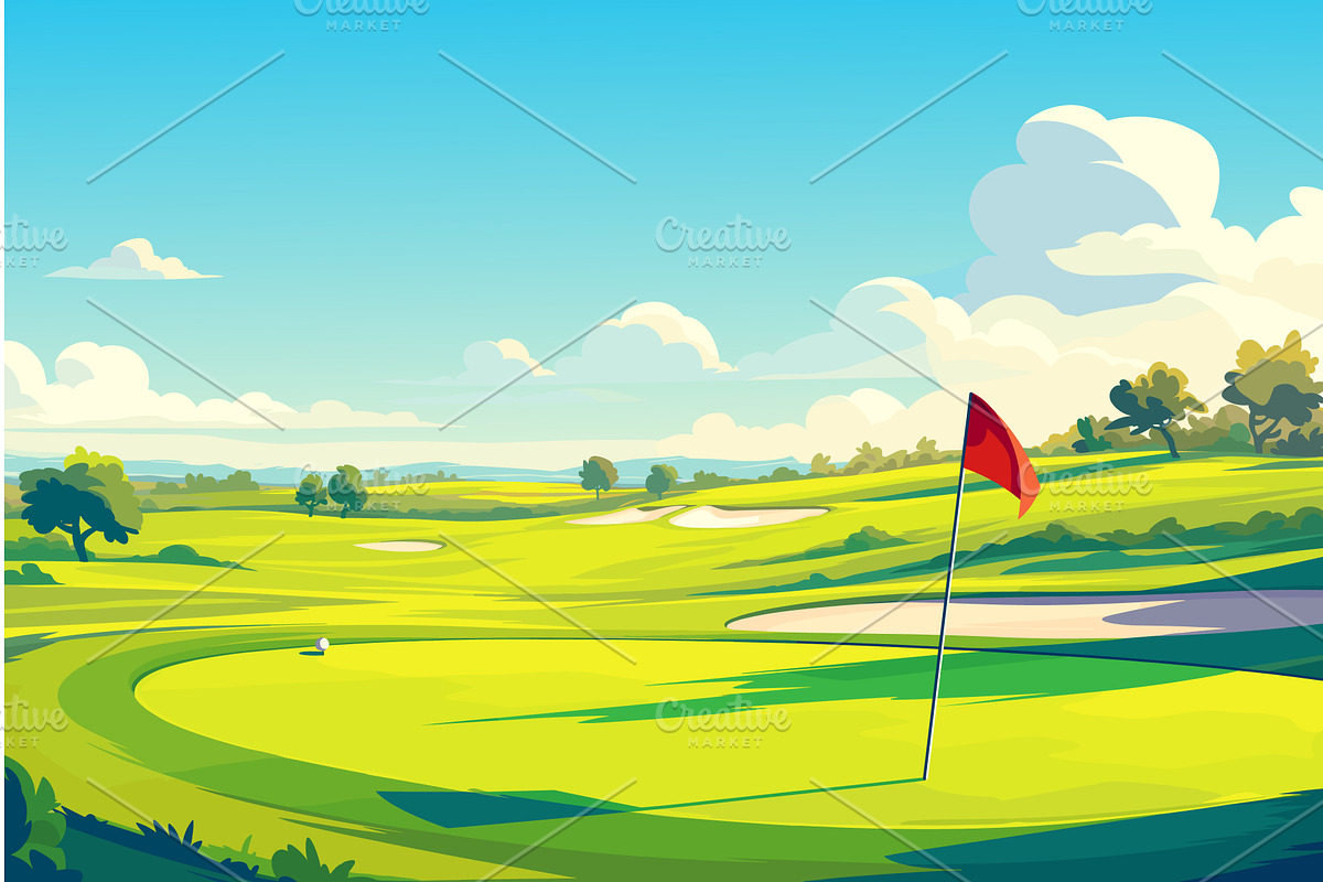 Cartoon sunny day on a golf course, an Illustration by LadadikArt