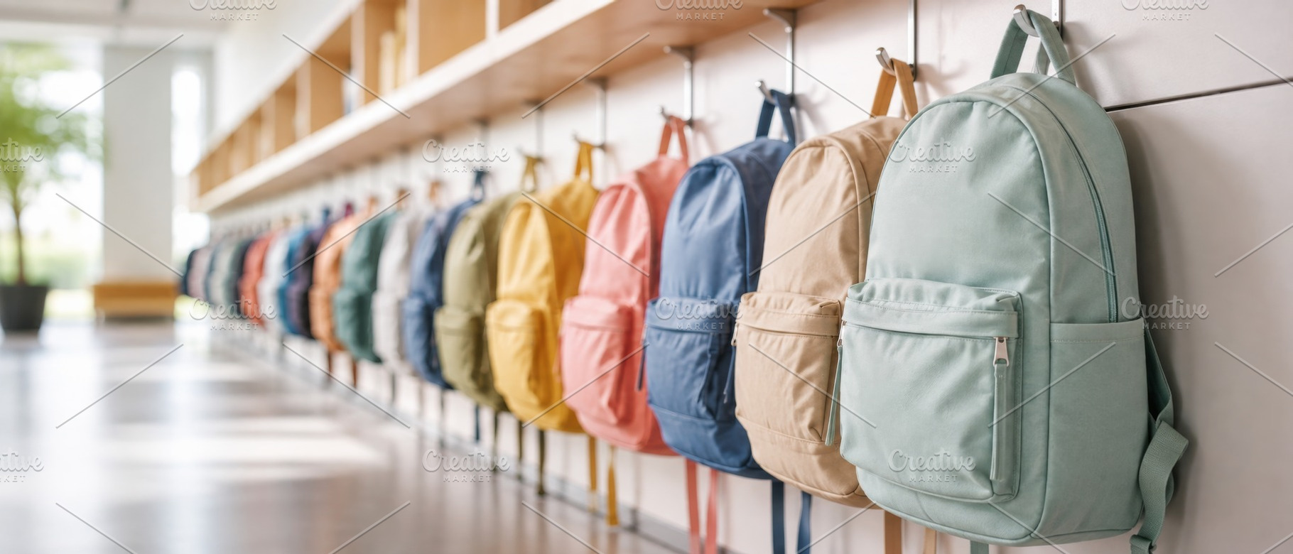 Colorful backpacks lined up in schoo, a Photo by Dvoevnore photos