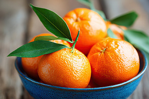 Fresh mandarins in a blue bowl with green leaves on a rustic wooden table, a Food & Drink Photo by AlyaAnd